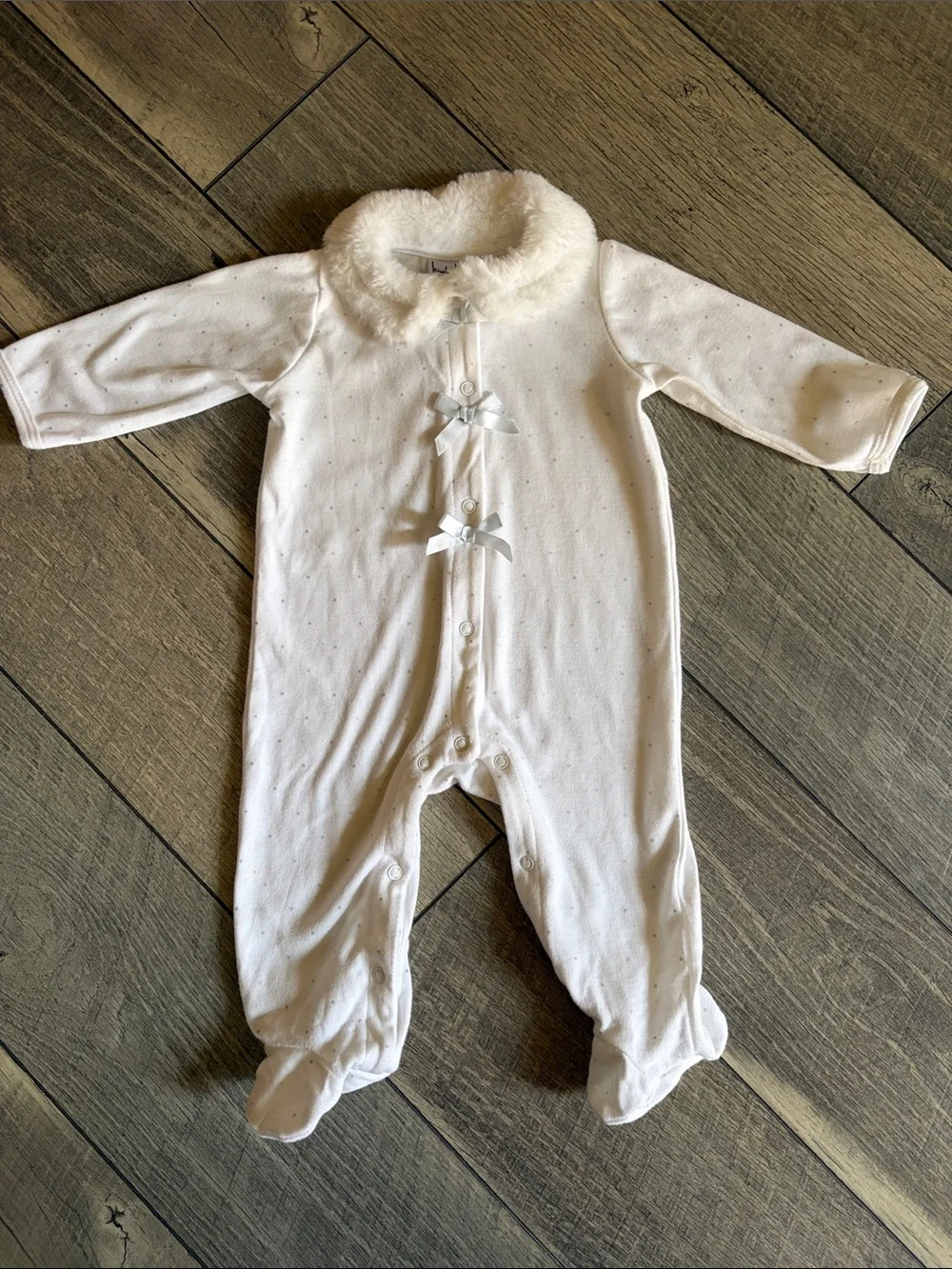 Nicole Miller Cream Footed One-Piece with Faux Fur Collar